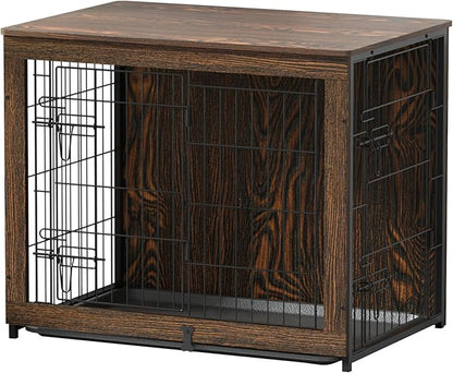 Megidok Wooden Dog Crate Furniture with Cushion, Dog Crate End Table with Tray, Double Doors Dog Crate(M:32"L*22" W*26"H, Rustic Style)