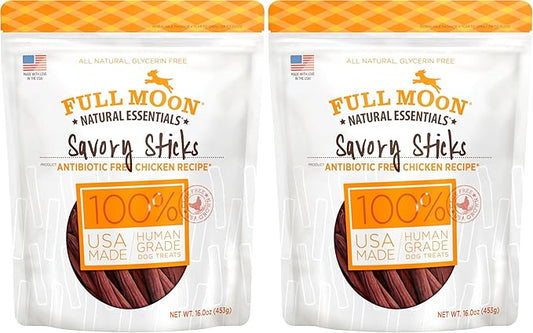 Full Moon All Natural Human Grade Dog Treats, Essential Chicken Savory Sticks, 16 Ounce (Pack of 2)