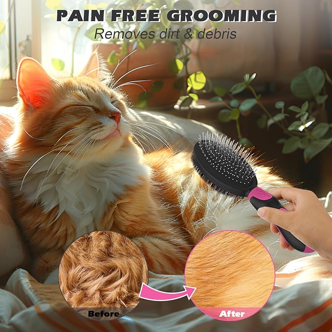 2PCS Dog Grooming Tools - Double-Sided Bath Brush for Shedding and Bathing, Suitable for Short/Long Haired Dogs, Premium Pet Supplies (Black Pink)