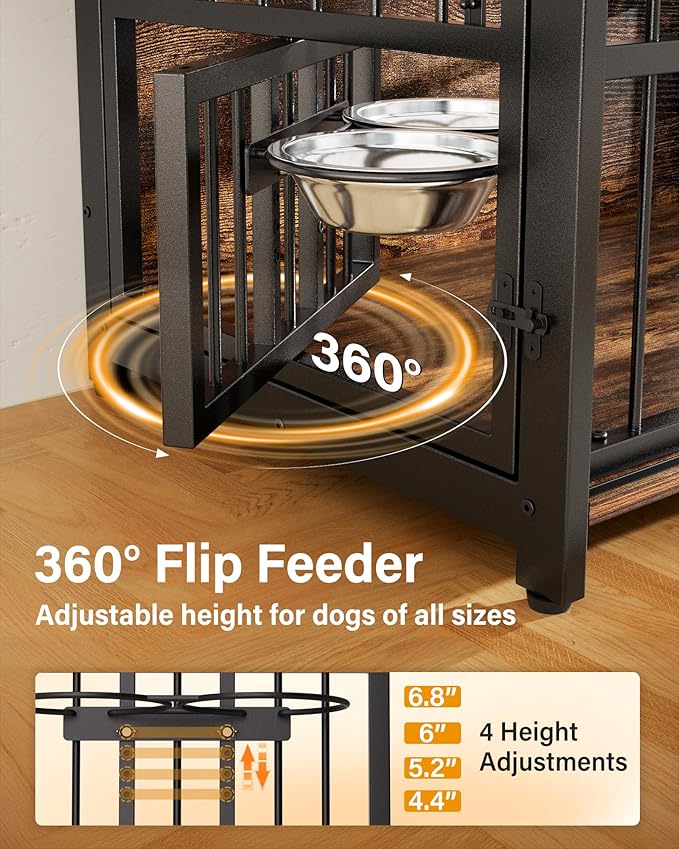 Furniture Dog Crate for Medium Dogs: Interactive Window for Anxiety Dogs, 360°Rotatable & Elevated Bowls, Heavy Duty Wooden Dog Kennel/Cage for Indoor, Double Door with Sliding Door