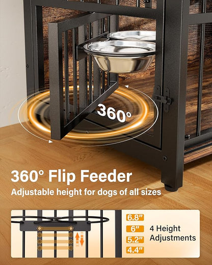 Furniture Dog Crate for Medium Dogs: Interactive Window for Anxiety Dogs, 360°Rotatable & Elevated Bowls, Heavy Duty Wooden Dog Kennel/Cage for Indoor, Double Door with Sliding Door