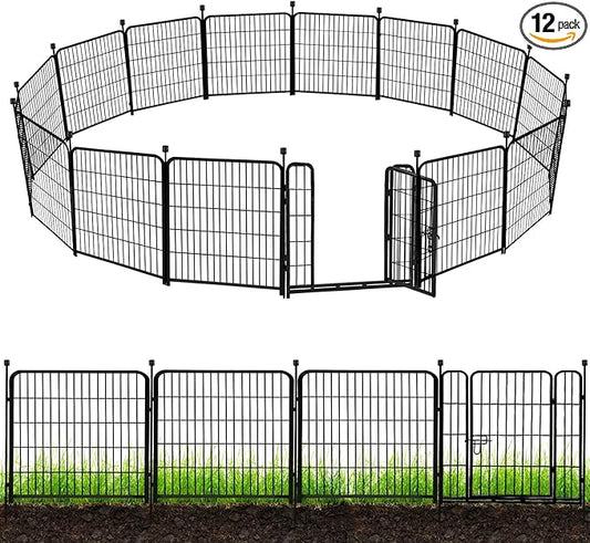 ADAVIN 32 in(H) Garden Fences and Borders,1 Gate+11 Panels Dog Fence Outdoor for Yard, Temporary Fence, Flower Garden Fencing, Heavy Duty Iron Metal Animal Barrier Fence,Total 26.6 Ft(L),Black