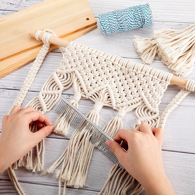 2 Pieces Macrame Comb and Tassel Brush Kit - Stainless Steel Combs for Pet Grooming, Macrame Fringe Cord and Supplies (Silver)