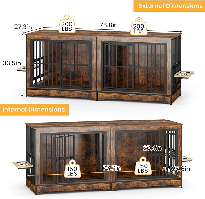 78 Inch Dog Crate Furniture with 4 Bowls, Double Dog Kennel Indoor with 360° Rotating and Adjustable Height Dog Bowl Holder, Brown Large Dog Wooden Crate with Divider for 2 Dogs