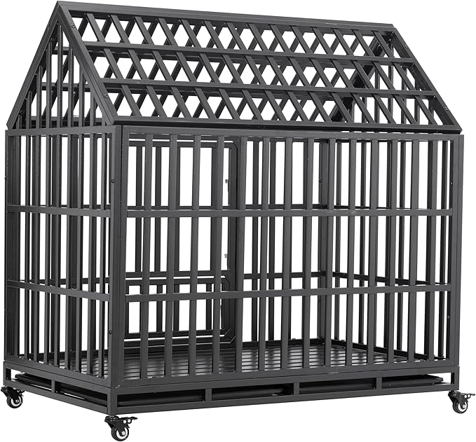 48" Metal Dog Cage with 4 Lockable Casters, Heavy Duty Inoor Dog Kennel with Doors and Roof for Large or Medium Dogs, Black