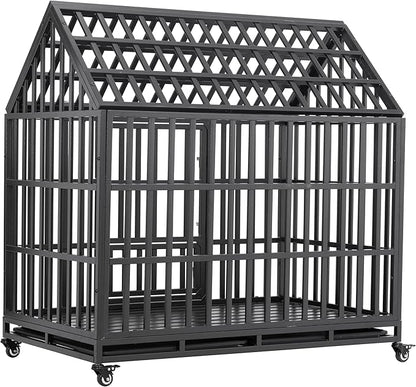 48" Metal Dog Cage with 4 Lockable Casters, Heavy Duty Inoor Dog Kennel with Doors and Roof for Large or Medium Dogs, Black