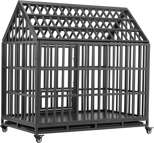48" Metal Dog Cage with 4 Lockable Casters, Heavy Duty Inoor Dog Kennel with Doors and Roof for Large or Medium Dogs, Black