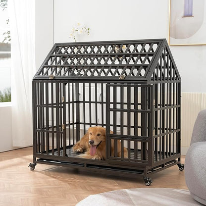 Goohome 47.24 Inch Heavy Duty Dog Crate Cage Kennel with Wheels, High Anxiety Indestructible, Sturdy Locks Design, Extra Large Crate Indoor for Large Dog with Roof & Window on Roof