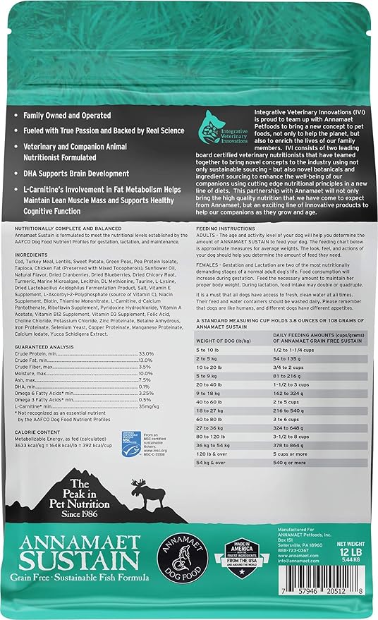 Annamaet Grain-Free Sustain Formula Dry Dog Food, (Line-Caught Cod & Free-Range Turkey), 12-lb Bag