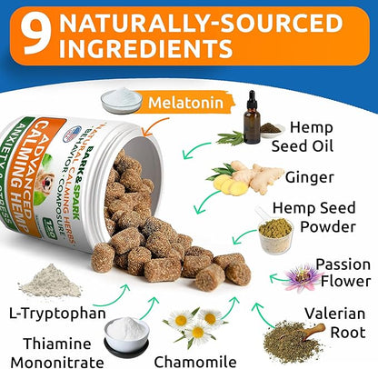 BARK&SPARK Advanced Calming Chews for Dogs - Anxiety Relief Treats - Melatonin + Hemp Oil - Separation Aid - Stress Relief During Fireworks, Storms, Thunder - Aggressive Behavior - BBQ (120ct)