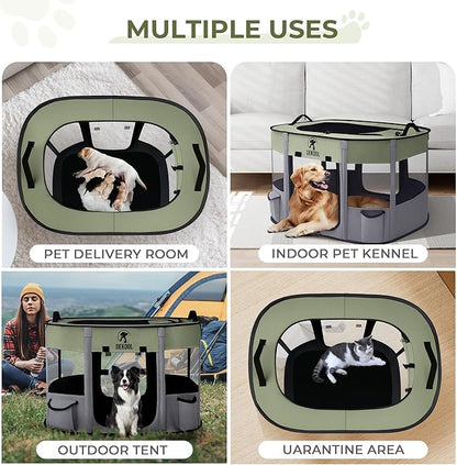 Foldable Pet Dog Playpen, Portable Dog Crate for Puppies, Cat, Rabbit, Chicks, Puppy Play Pen for Indoors, Kennel Tent Crate for Indoor Outdoor Travel Camping Use with Carrying Case (Green, L)