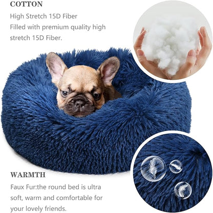 Small Dog Bed for Calming Dog 19 inches Navy Blue Puppy Bed for Extra Small Dog Bed Washble Anti-Anxiety Puppy Bed Machine Washable Cozy Soft Pet Round Bed Fits up to 15 lbs.