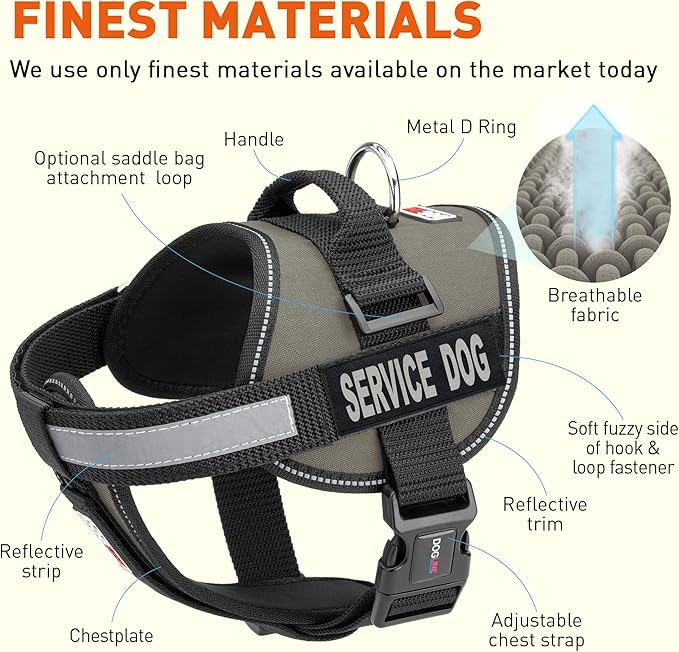 Dogline Unimax Dog Harness Vest with Service Dog Patches Reflective No-Pull, Adjustable Straps, Breathable Neoprene for Medical, Service, Identification and Training Dogs Girth 15 to 19" Gray