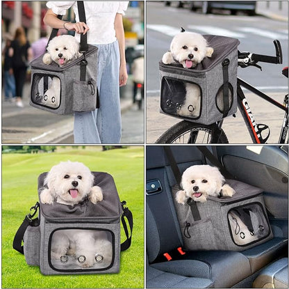 Ownpets Dog Bike Basket Foldable Pet Carrier, Dog Car Booster Seat with Mesh Windows, Adjustable Shoulder Bag Portable Breathable Bicycle Basket Bag for Dogs and Cats