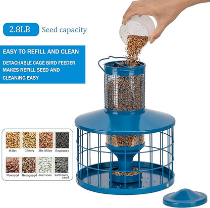 Caged Bird Feeders Squirrel-Proof, Metal, 2.8 Lbs Capacity-Cage Tube Seed Feeders with Tray Outdoor Hanging, Attract Birds,Detachable Cleaning, Starling Proof Wild Bird Feeder（Blue）