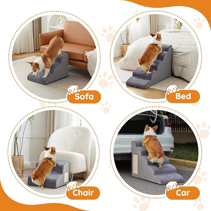 Pet Stairs, Dog Stairs for Small Dogs, Dog Steps, 3-Step Curved Dog Ramp for Bed, Couch, Sofa, Car and Chairs, Non-Slip Bottom Design, Cat Scratching Board, High Density Foam Portable Pet Step, Grey