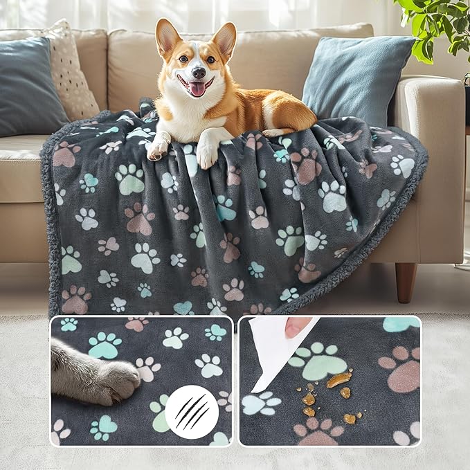 Luciphia Waterproof Pet Blankets for Couch Sofa Bed Cover Liquid Pee Proof Washable Soft Fluffy Large Dog Blanket Reversible Furniture Protection Grey Paw Thicken X-Largeï¼85" x 57"ï¼