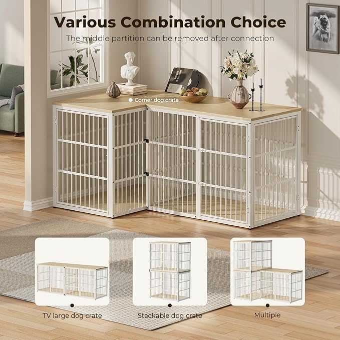 48'' XXL Dog Crate Furniture with 3 Doors,Wooden Crate End Table Heavy Duty Indoor Combination Cage for Medium to Large Dogs, Multiple Units Can be Combined, Natural Beech