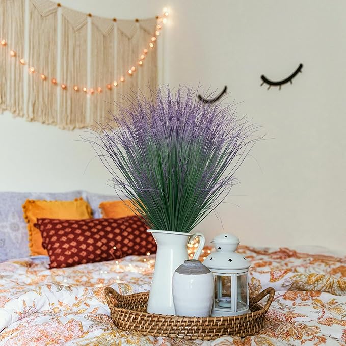 12Pcs Artificial Grass Plants, Faux Shrubs Wheat Grass, Artificial Tall Grass Fake Plants for Outdoor Decor,Artificial Greenery Stems Weed for Room Indoor Home Decor（Green Purple Tail）