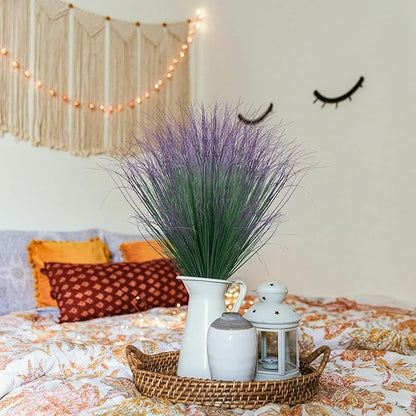 12Pcs Artificial Grass Plants, Faux Shrubs Wheat Grass, Artificial Tall Grass Fake Plants for Outdoor Decor,Artificial Greenery Stems Weed for Room Indoor Home Decor（Green Purple Tail）