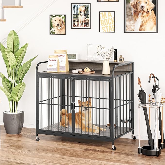 IDEALHOUSE Dog Crate Furniture, 39.8" L X 22.5" W X 38.6" H,Dog Crate Indoor with Adjustable Height Bowls, Wooden Heavy Duty, 39.8 Inch Dog Kennel Furniture for Medium Dogs,Grey