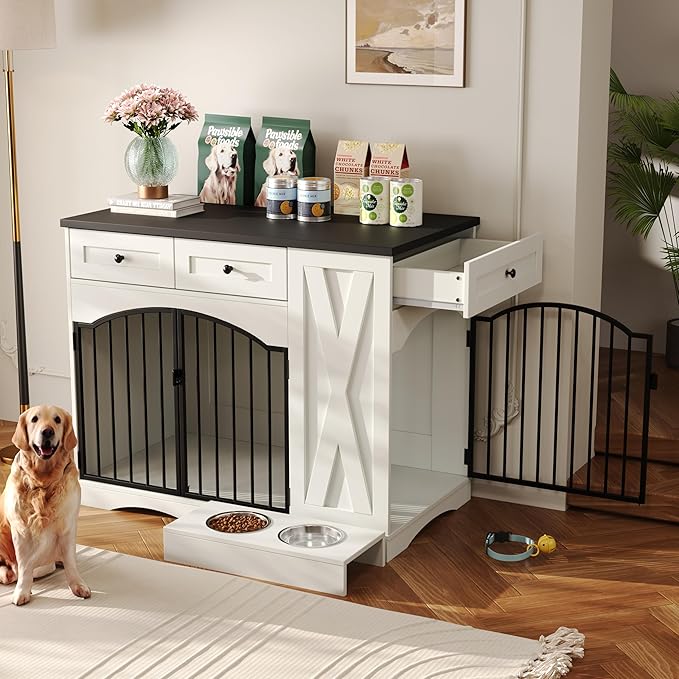 Ball & Cast 43.3" 2-in-1 Dog Crate Furniture,Modern Indoor Kennel with 2 Drawers&Storage Shelves,Double Doors&Double Locks Design for 41-70 lbs Dogs,Living Room,Kitchen,Entryway Side Table,White