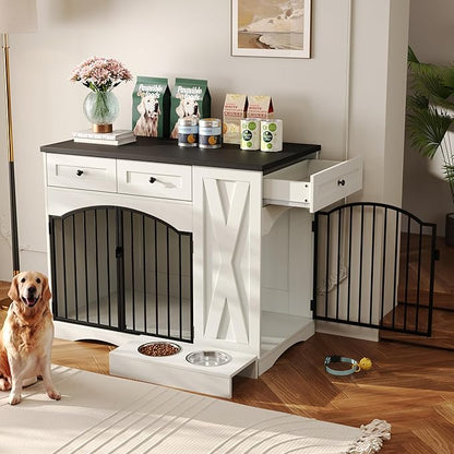 Ball & Cast 43.3" 2-in-1 Dog Crate Furniture,Modern Indoor Kennel with 2 Drawers&Storage Shelves,Double Doors&Double Locks Design for 41-70 lbs Dogs,Living Room,Kitchen,Entryway Side Table,White