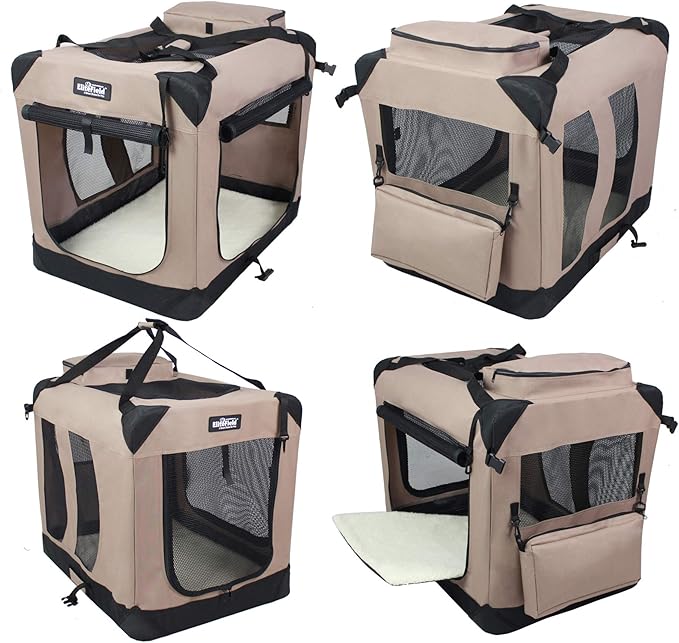 EliteField 3-Door Folding Soft Dog Crate with Carrying Bag and Fleece Bed (2 Year Warranty), Indoor & Outdoor Pet Home (24" L x 18" W x 21" H, Khaki)