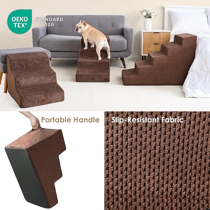 EHEYCIGA Dog Stairs for Beds 19.7" H, 4-Step Dog Steps for Small Dogs and Cats, Slope Pet Steps with Non-Slip Bottom, Brown