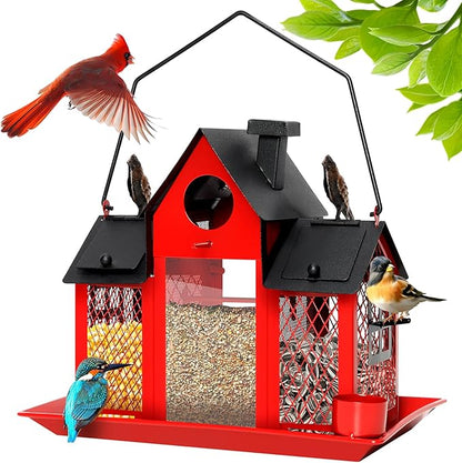 Solar Bird Feeders House for Outdoors Hanging, 7LBS Large Capacity Metal Wild Bird Feeder Squirrel Proof for Outside with Water Cup, Cardinal Birdfeeder Birdhouses Gift for Bird Lovers (Red)