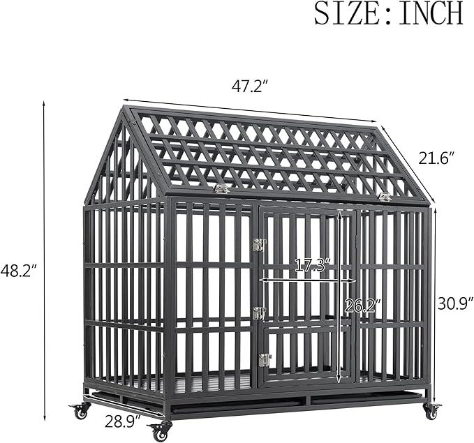 48inch Metal Heavy Duty Dog Cage with Door and Roof Doors of 2 Patent Latches,Pet Crate Doggy Kennel,w/ 2 Plastic Pans & 4 Lockable Caster Wheels,for Large or Medium Size Pets,Black