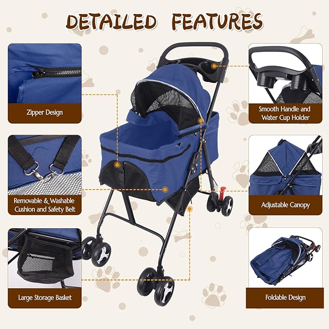 3 in 1 Dog Stroller, 4 Wheels Pet Stroller Dog Cat Stroller for Medium Small Dog Cats Up to 50lbs, Foldable Carrier Jogger Travel Puppy Stroller with Cup Holder & Breathable Mesh, Blue
