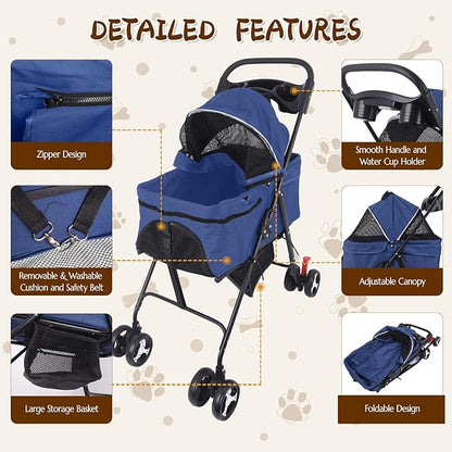 3 in 1 Dog Stroller, 4 Wheels Pet Stroller Dog Cat Stroller for Medium Small Dog Cats Up to 50lbs, Foldable Carrier Jogger Travel Puppy Stroller with Cup Holder & Breathable Mesh, Blue
