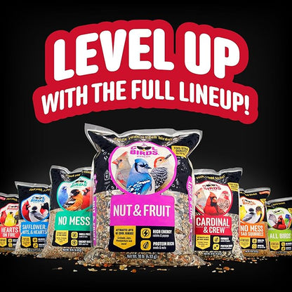 Nut & Fruit Wild Bird Seed  10 lb. Gourmet Bird Food with Sunflower Hearts, Peanuts, Tree Nuts & Real Fruit  No Corn, Milo or Millet Bird Seed for Outside Feeders