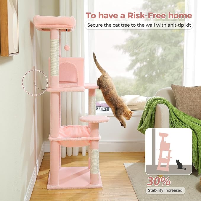 PETEPELA 56.3'' Tall Cat Tree for Indoor Cats, Multi-Level Cat Tower with Super Large Hammock (20''X16''), Sisal Covered Scratching Posts, Cozy Condo and Top Perch,Pink