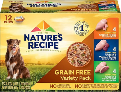 Nature_ Recipe Grain Free Chicken Recipe, Chicken & Venison Recipe and Chicken & Duck Recipe in Savory Broth Variety Pack Wet Dog Food, 12-2.75 oz. Cups, 2 Count