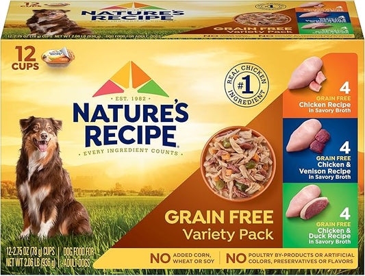 Nature_ Recipe Grain Free Chicken Recipe, Chicken & Venison Recipe and Chicken & Duck Recipe in Savory Broth Variety Pack Wet Dog Food, 12-2.75 oz. Cups, 2 Count