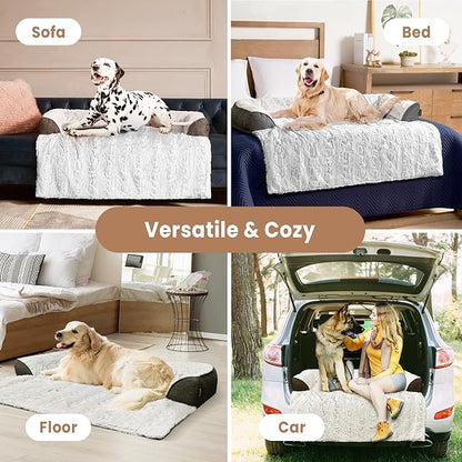Calming Small Dog Bed for Couch, 35 x 31 inch Removable Couch Cover for Dogs Washable, Non-Slip Fluffy Plush Dog Sofa Mat for Furniture Protector - Grey
