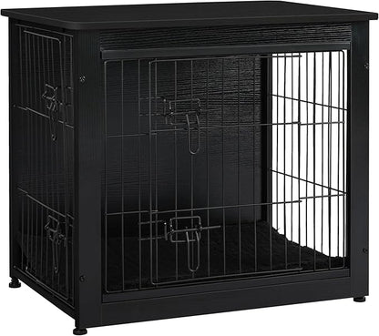 DWANTON Dog Crate Furniture with Cushion, Wooden Kennel Table with Double Doors, Indoor Dog House, Small/Medium/Large Size, 27.2" L, Black