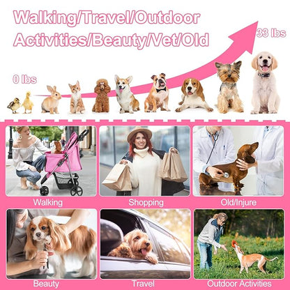 Dog Stroller for Small Dogs, Portable Pet Stroller for Cats Folding Puppy Stroller Lightweight Dog Cat Cage Jogger Stroller with Storage Basket and Cup Holder, 3 Wheels, Pink