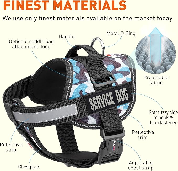 Dogline Unimax Service Dog Harness Vest with Removable Service Dog Patches Adjustable Straps Breathable Neoprene for Medical Identification Training Dogs Girth 18 to 25 in Blue Camo