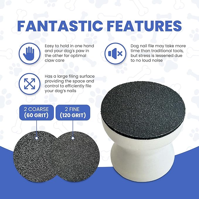 Dog Nail File - Upgraded Dog Nail Scratch Board - 1 White Nail File for Dogs w/ 4 Replaceable Sandpapers - Dog Nail Trimmers - Round Dog Nail Grinder for Pet Nails - Relaxing Dog Nail Trimming Board