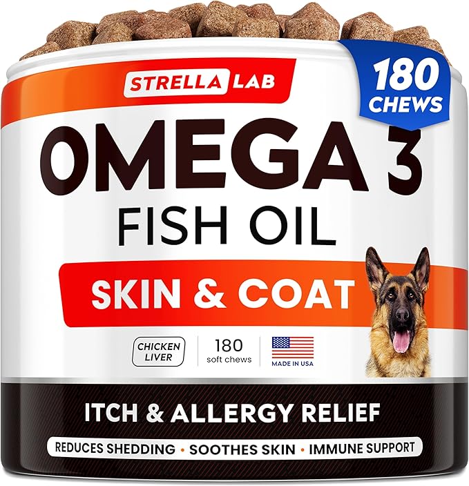 StrellaLab Fish Oil Omega 3 Treats for Dogs (180 Treats) - Allergy & Itch Relief - Skin & Coat Supplement - Joint Health - Wild Alaskan Salmon Oil - Shedding, Itchy Skin Relief - Omega 3 6 9 - EPA&DHA
