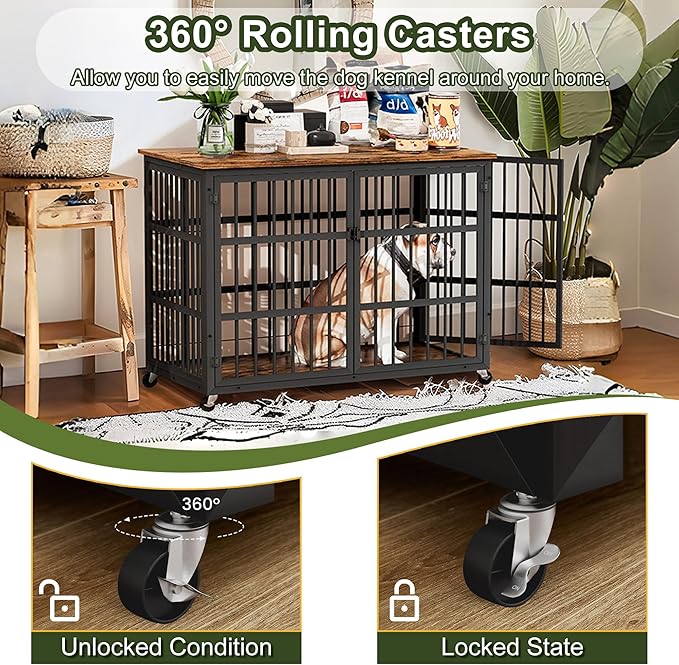 NicBex Dog Crate Furniture, 43.3" L With Double Doors, Wooden Indoor Kennel Flip-Top for Large Dogs, XL House, Rustic Brown