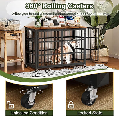 NicBex Dog Crate Furniture, 43.3" L With Double Doors, Wooden Indoor Kennel Flip-Top for Large Dogs, XL House, Rustic Brown