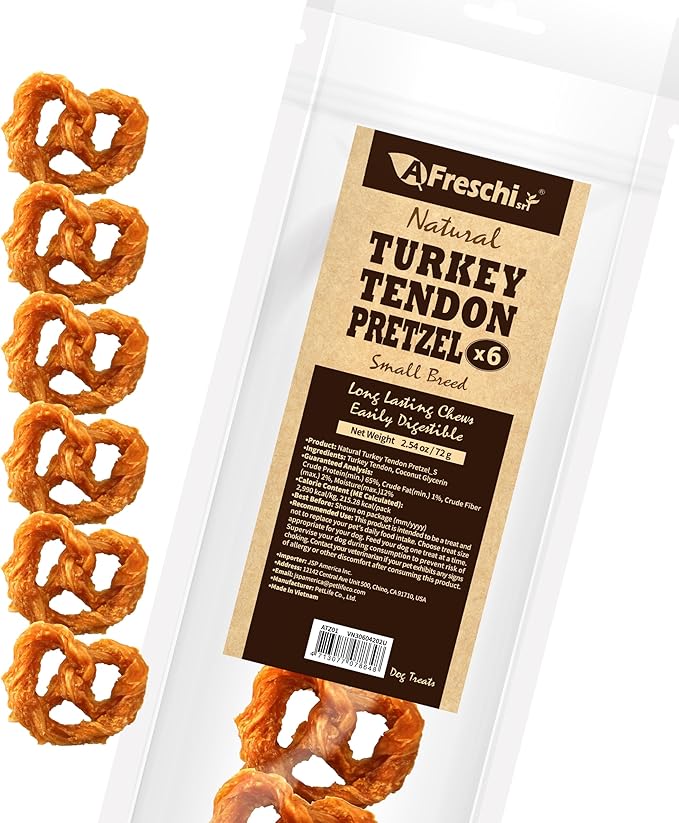 Afreschi Turkey Tendon for Dogs, Small Pretzel 6 Pieces per Pack, USA-Sourced Turkey, All Natural Human Grade Puppy Chew, Hypoallergenic, Rawhide Alternative, Dog Treats for Small Breeds