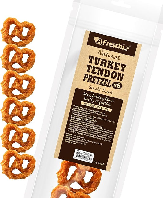 Afreschi Turkey Tendon for Dogs, Small Pretzel 6 Pieces per Pack, USA-Sourced Turkey, All Natural Human Grade Puppy Chew, Hypoallergenic, Rawhide Alternative, Dog Treats for Small Breeds