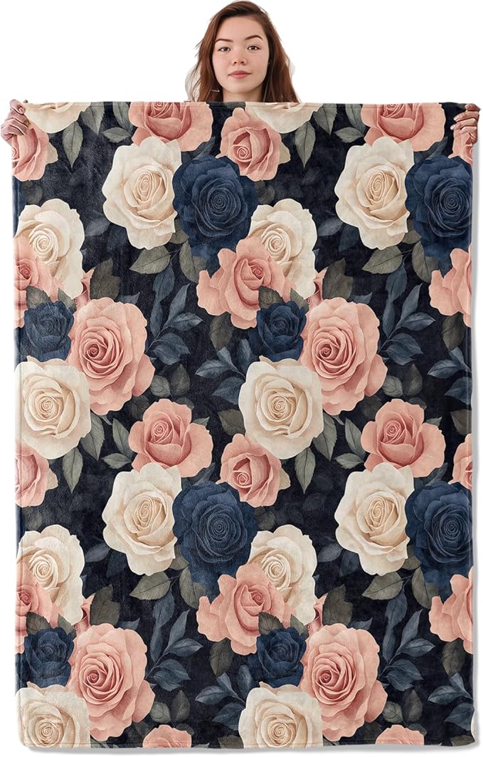 Elegant Rose Blanket, Soft Warm Cozy Sophisticated Floral Throw Blanket Gifts for Adults Kids Women, Lightweight Fuzzy Comfy Flannel Blankets for Couch, Travel, Bed, House Decor 80×60 Inch
