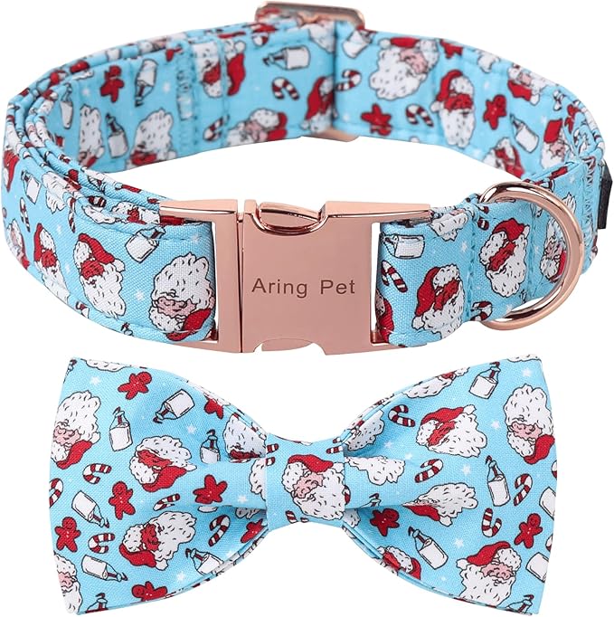 ARING PET Christmas Dog Collar-Cotton Blue Santa Claus Dog Collar with Bow, Adjustable Christmas Bowtie Dog Collars Pet Necklace with Metal Buckle for Girl&Boy Dogs