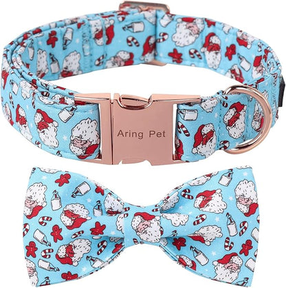 ARING PET Christmas Dog Collar-Cotton Blue Santa Claus Dog Collar with Bow, Adjustable Christmas Bowtie Dog Collars Pet Necklace with Metal Buckle for Girl&Boy Dogs